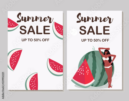 Colorful vector summer sale layout poster, banner, background, vacation mood, cards, invitation, summer vibes, tag, relaxation, vacation, flyer, sale, piece, watermelon, tanned girl.