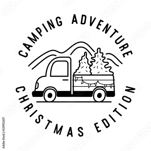Mountain Camping christmas badge design with truck and crhtistmas trees in line art style and quote camping adventure. Travel logo graphics. Stock vector label