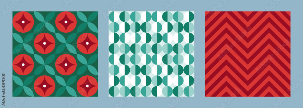 Christmas holiday abstract seamless pattern set. Vector illustration. Collection of red and green geometric ornament with toy ball background tile. Design for xmas and new year wrapping paper, fabric
