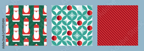 Christmas holiday abstract seamless pattern set. Vector illustration. Collection of red and green geometric ornament with santa claus background tile. Design for xmas wrapping paper, fabric