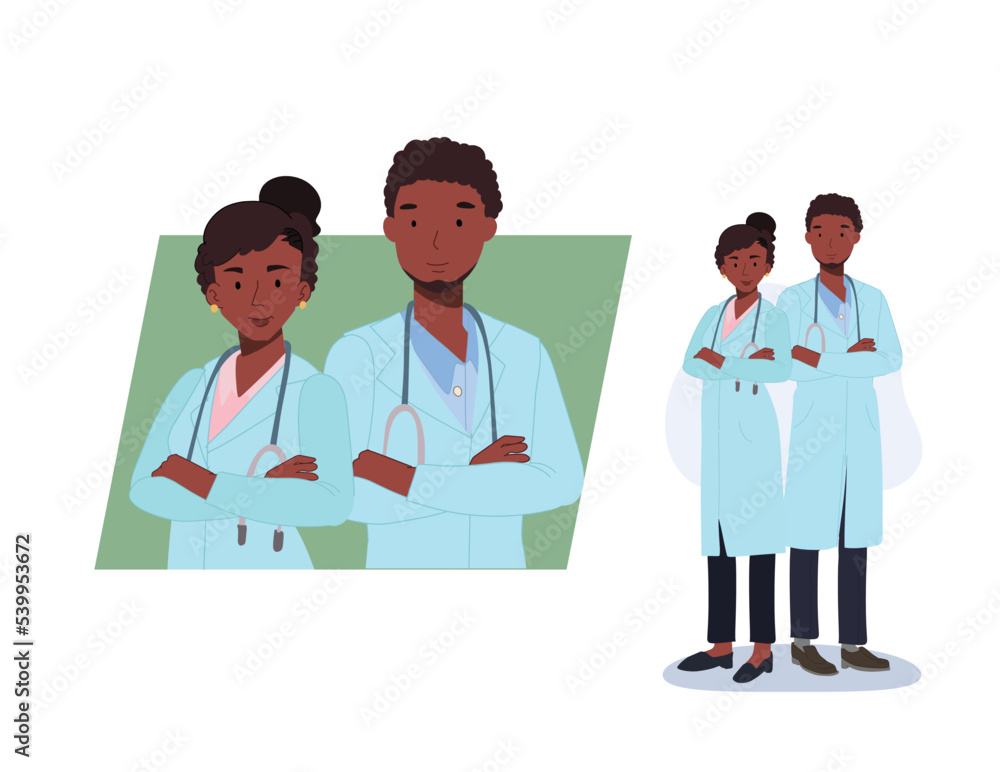 African American Doctor. hospital staff. male and female medical workers. Flat vector cartoon character illustration African American Doctor. hospital staff. male and female medical workers. Flat vector cartoon character illustration