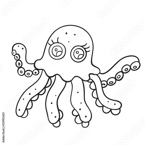 Isolated vector illustration of funny octopus. Cute thin line icon for design, cover etc.