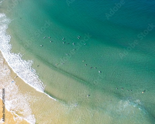 Aerial top view of Freshwater beach with surfers in the ocean, Australia photo