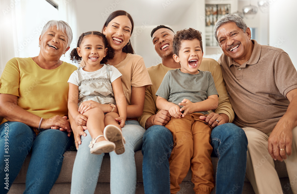 Happy, big family and portrait smile on sofa in happiness for relationship, quality bonding and time together at home. Parents, grandparents and kids smiling for relaxing family on living room couch Happy, big family and portrait smile on sofa in happiness for relationship, quality bonding and time together at home. Parents, grandparents and kids smiling for relaxing family on living room couch