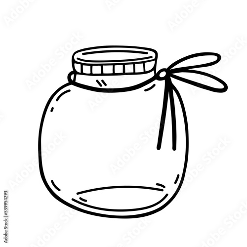 Mason jar vector icon. Hand drawn glass container isolated on white. Empty vintage pot with ribbon, bow. Simple doodle, black outline. Dishes for storing food, sweets. Clipart for print, logo, apps