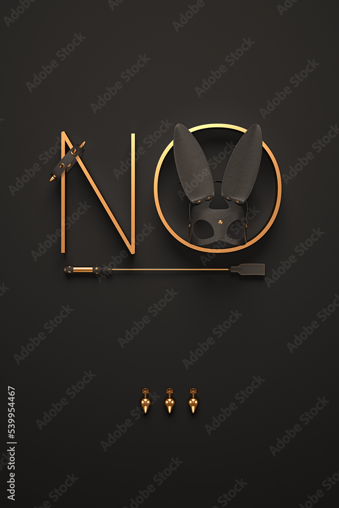 Creative 3D render illustration with BDSM elements: a rabbit mask, a leather whip, anal plugs and a collar with spikes. Creative 3D render illustration with BDSM elements: a rabbit mask, a leather whip, anal plugs and a collar with spikes.