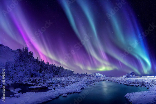 Aurora borealis on the Norway. Green northern lights above mountains. Night sky with polar lights. Night winter landscape with aurora and reflection on the water surface. Natural back photo