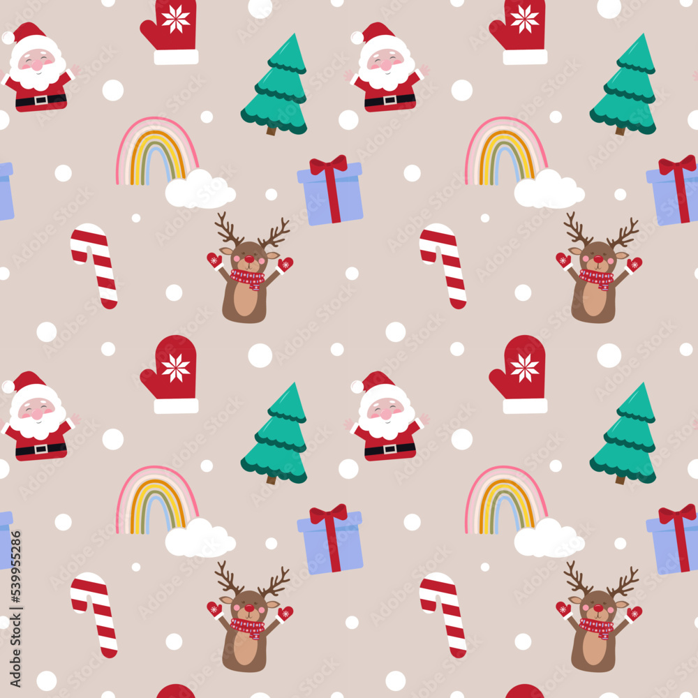 Cute cartoon Santa Clause and reindeer seamless pattern.
