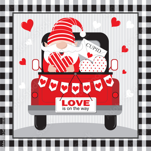 happy valentine or wedding day with gnome and hearts on the car