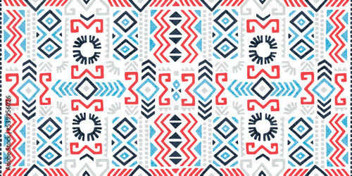 Seamless geometric pattern. Ethnic and tribal motifs. Ornament for carpets, blankets, home textiles. Vintage grunge texture. Vector illustration.