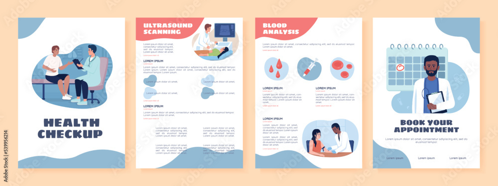 Health checkup flat vector brochure template. Booklet, leaflet printable flat color designs. Editable magazine page, reports kit with text space. Sigmar One, Balsamiq Sans, Comfortaa fonts used Health checkup flat vector brochure template. Booklet, leaflet printable flat color designs. Editable magazine page, reports kit with text space. Sigmar One, Balsamiq Sans, Comfortaa fonts used