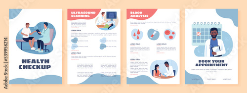 Health checkup flat vector brochure template. Booklet, leaflet printable flat color designs. Editable magazine page, reports kit with text space. Sigmar One, Balsamiq Sans, Comfortaa fonts used photo