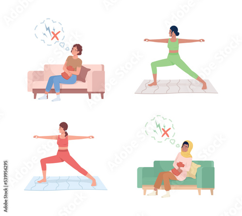 Exercises to relieve menstrual pain flat color vector characters set. Editable figures. Full body people on white. Simple cartoon style illustrations for web graphic design and animation pack