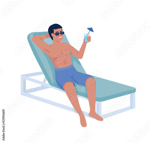 Tanned man with cocktail on beach semi flat color vector character. Guy sitting in deckchair. Editable full body person on white. Simple cartoon style illustration for web graphic design and animation