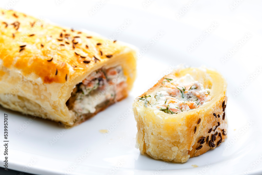 puff pastry filled with salmon, dill and cream cheese