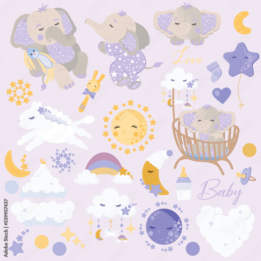 Set of cute cartoon sleepy baby elephant graphics with hand drawn clouds, sun, moon, stars, rainbow, crib and toys.
