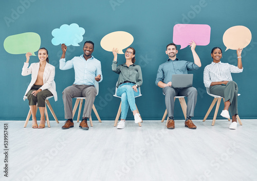 Speech bubble, waiting room and people in business recruitment, social media chat icon, and networking cardboard sign. Corporate group of people with voice communication or hiring advertising mock up