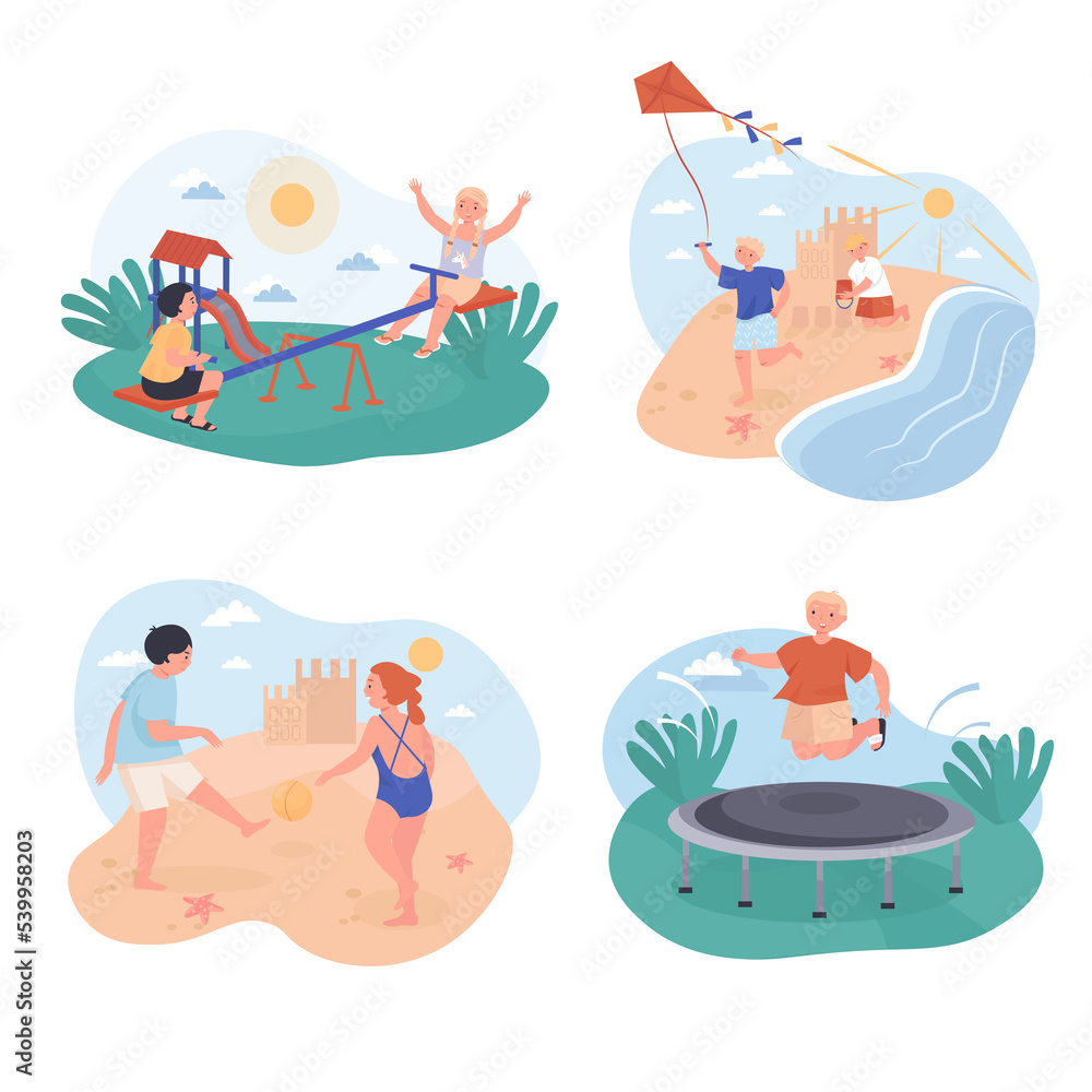 Children play concept scenes set. Boys and girls ride swing, jump on trampoline, fly kite, resting at sea beach. Collection of people activities. Illustration of characters in flat design