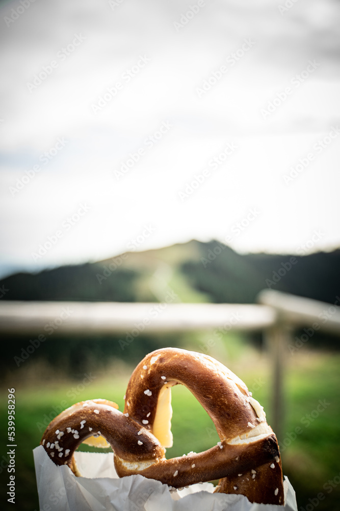 Fototapeta premium Tasty brezel in front of blurry background