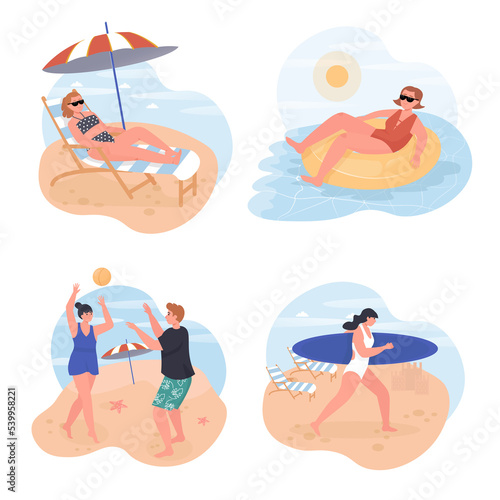 People relaxing on beach concept scenes set. Women sunbathing  swimming  surfing. Couple playing ball on seashore. Collection of human activities. Illustration of characters in flat design