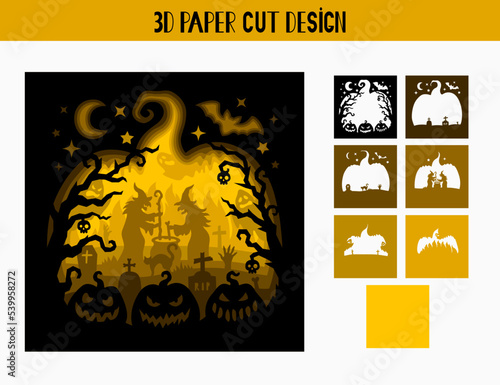 3D Halloween shadow box with witches, bats, ghosts. Holiday tunnel card. Vector multilayer template for paper cutting. Light box. Isolated on white background. photo