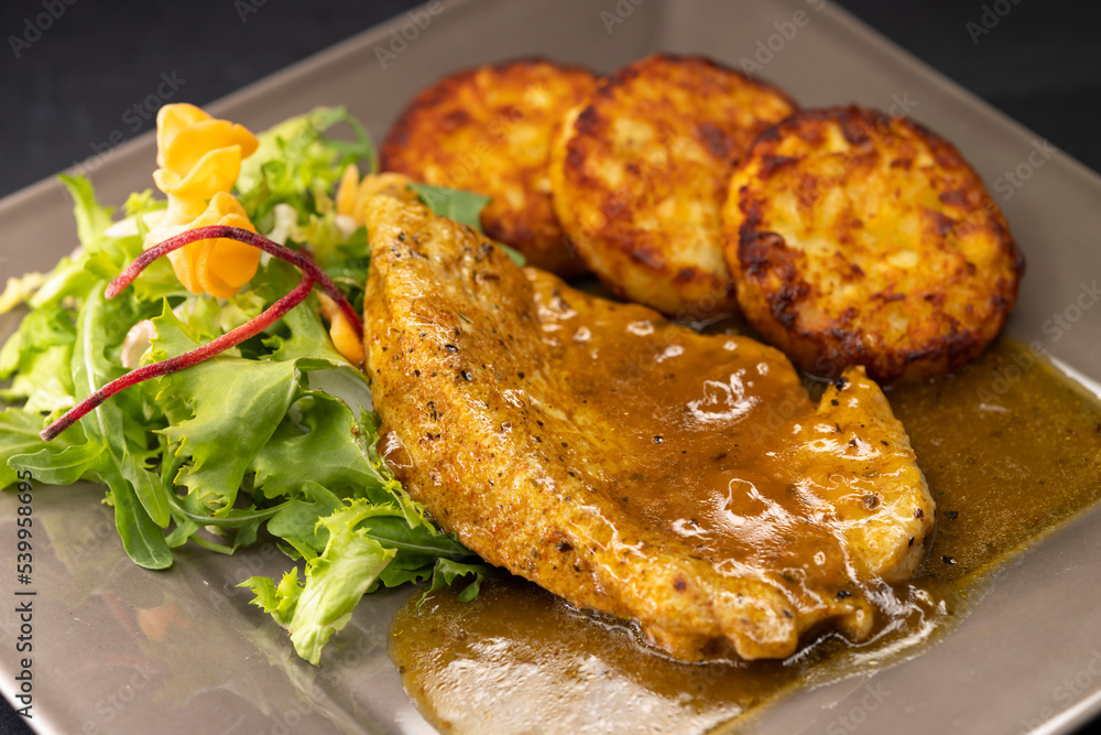 poultry meat with sauce served with hash browns and salad poultry meat with sauce served with hash browns and salad