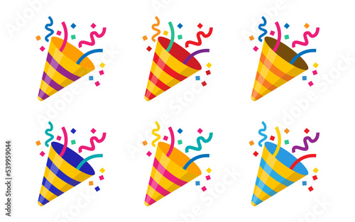 Party popper icons in different colors.Confetti logo,congratulate and celebrate elements.Vector party poppers set.Exploding cracker icon.