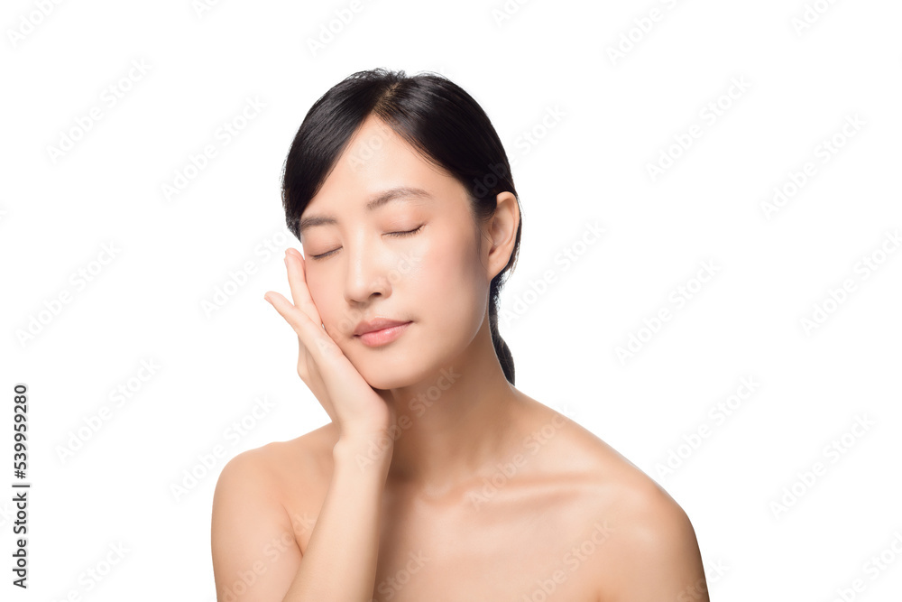 Portrait healthy pretty young woman isolated on white background. beautiful female model person applying cosmetic cream for skincare on fresh makeup clean face. spa, treatment, wellness concept. Portrait healthy pretty young woman isolated on white background. beautiful female model person applying cosmetic cream for skincare on fresh makeup clean face. spa, treatment, wellness concept.
