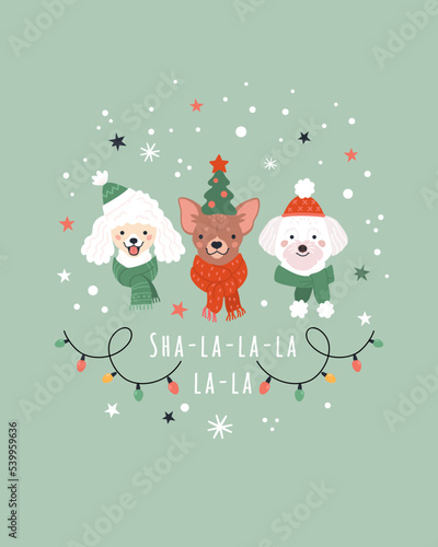 Christmas greeting card. Vector illustration with three cute dog faces in winter and party hats, and scarfs surrounded by snow, stars, and garlands. Isolated on light green background