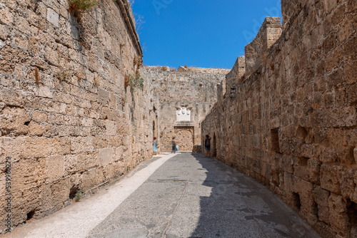 Narrow cobbled historical streets in Old Town of Rhodes, Dodecanese, Greece. High quality photo