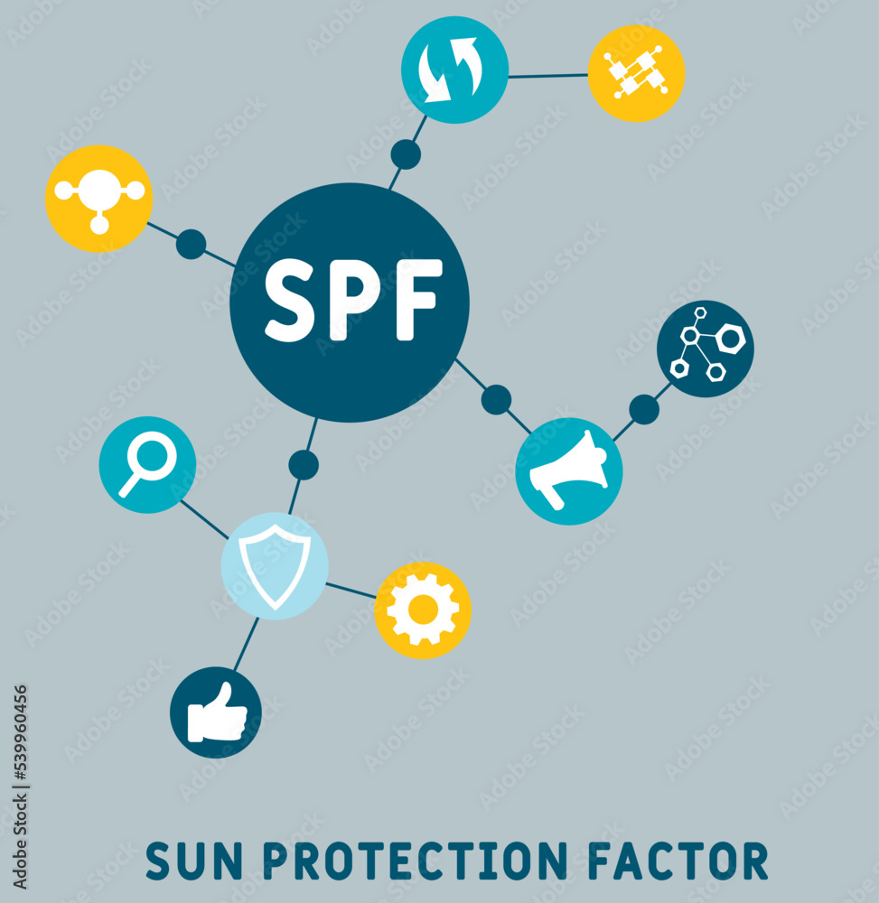 SPF - Sun Protection Factor acronym. business concept background. vector illustration concept with keywords and icons. lettering illustration with icons for web banner, flyer, landing pag