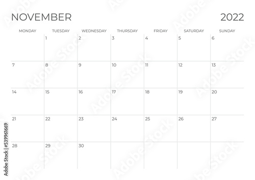 Calendar only for November 2022 with simple and minimalist design
