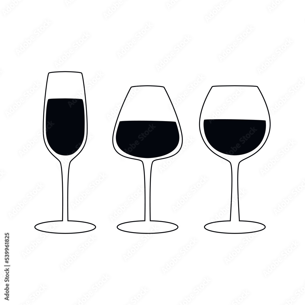 Wine glasses set vector flat drawing illustration. Hand drawn linear silhouette icon. Minimal design element for print, banner, card, wall art poster, brochure, postcard. Wine glasses set vector flat drawing illustration. Hand drawn linear silhouette icon. Minimal design element for print, banner, card, wall art poster, brochure, postcard.
