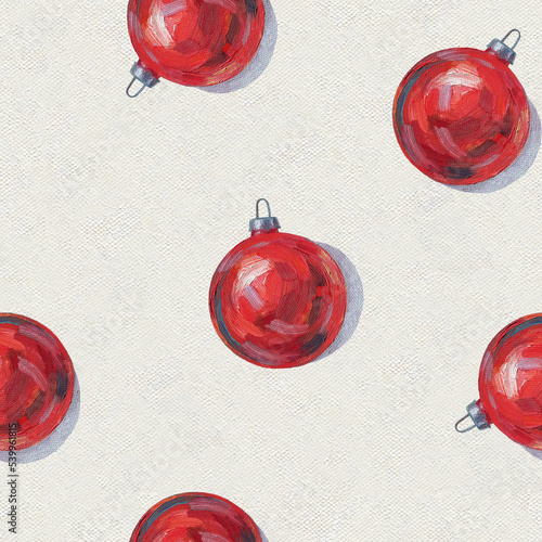 Retro Christmas Seamless Pattern. Christmas oil painting. Christmas tree toy pattern.  Red ball. Christmas retro background	