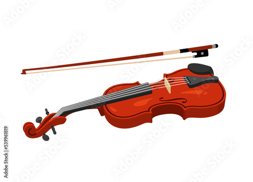 Vector illustration of wooden violin with bow.