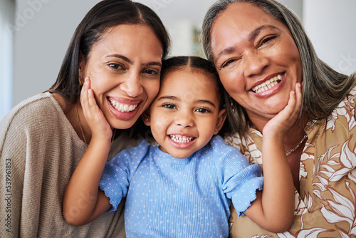 Child, grandmother and mother with smile in their house with love, care and happiness together. Face portrait of a young, happy and comic girl bonding with her mom and grandma with affection