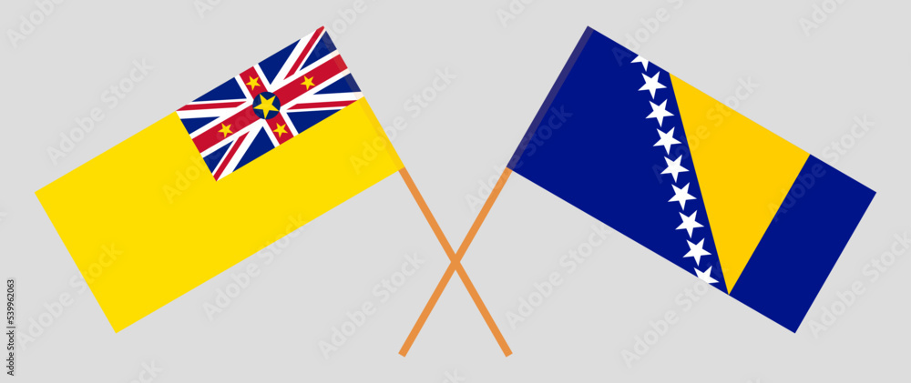 Crossed flags of Niue and Bosnia and Herzegovina. Official colors. Correct proportion Crossed flags of Niue and Bosnia and Herzegovina. Official colors. Correct proportion