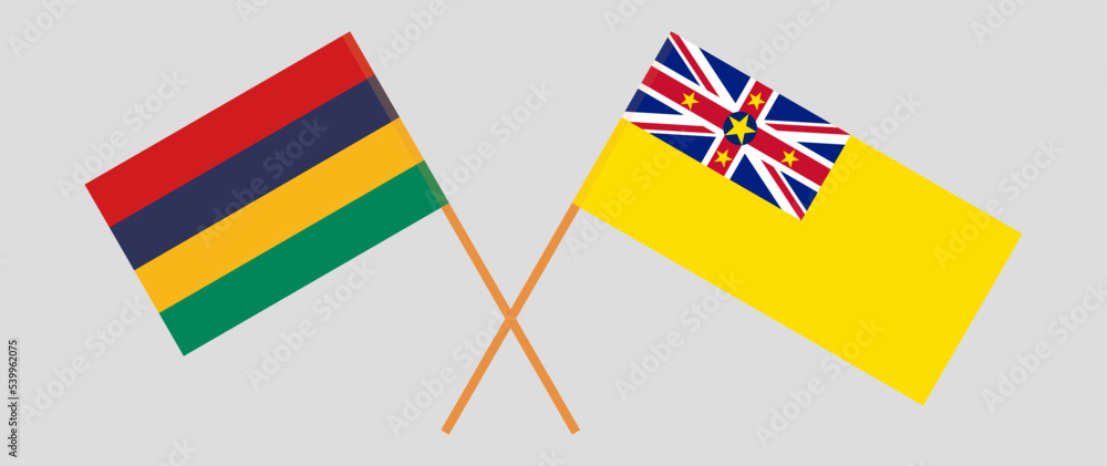 Crossed flags of Mauritius and Niue. Official colors. Correct proportion