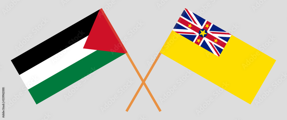 Crossed flags of Palestine and Niue. Official colors. Correct proportion