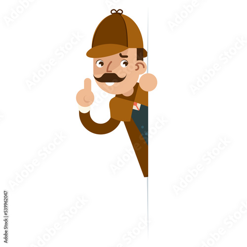 Detective with finger up cartoon character flat design vector illustration