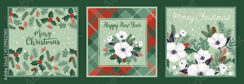 Christmas and Happy New Year cards with Christmas tree and white flowers. Vector design.