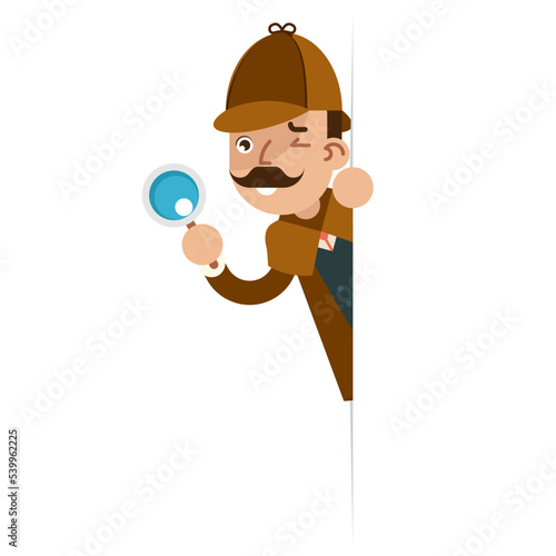Detective with magnifying glass cartoon character flat design vector illustration