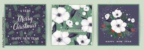 Christmas and Happy New Year cards with Christmas tree and white flowers. Vector design.
