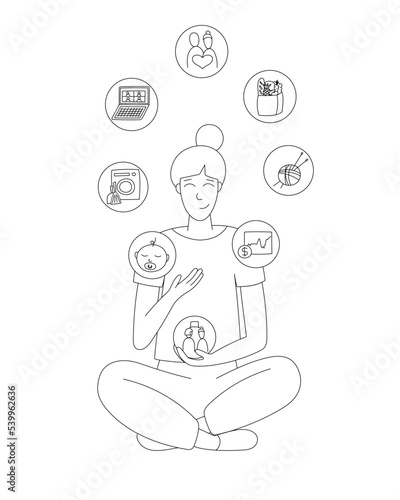 Young woman juggles daily activities. Vector outline illustration of day-to-day activities like work, children, hobby