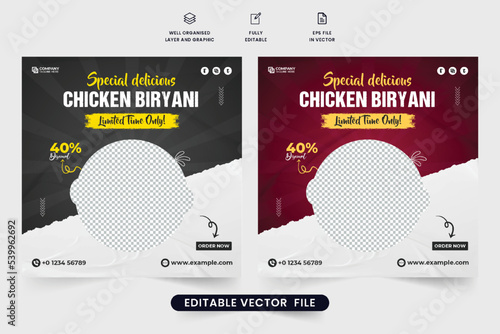 Special food social media post vector with dark backgrounds. Modern restaurant business promotional web banner vector with brush effect. Restaurant food menu advertisement template.