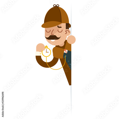 Detective with watch cartoon character flat design vector illustration