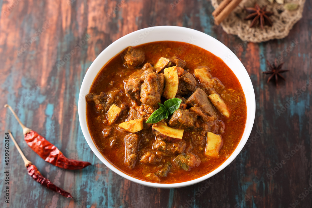 Spicy beef curry. Goan style beef vindaloo. Traditional Indian Lamb or