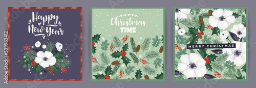 Christmas and Happy New Year cards with Christmas tree and white flowers. Vector design.