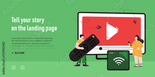 Tiny people with remote control watching TV, video or movie. Man and woman using receiver, console of smart box for home entertainment flat vector illustration. Internet, digital media concept