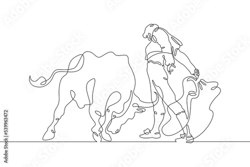 One continuous line. Spanish style bullfight. Spanish matador. Toreador in traditional costume. Bull in battle. One continuous line on a white background. photo